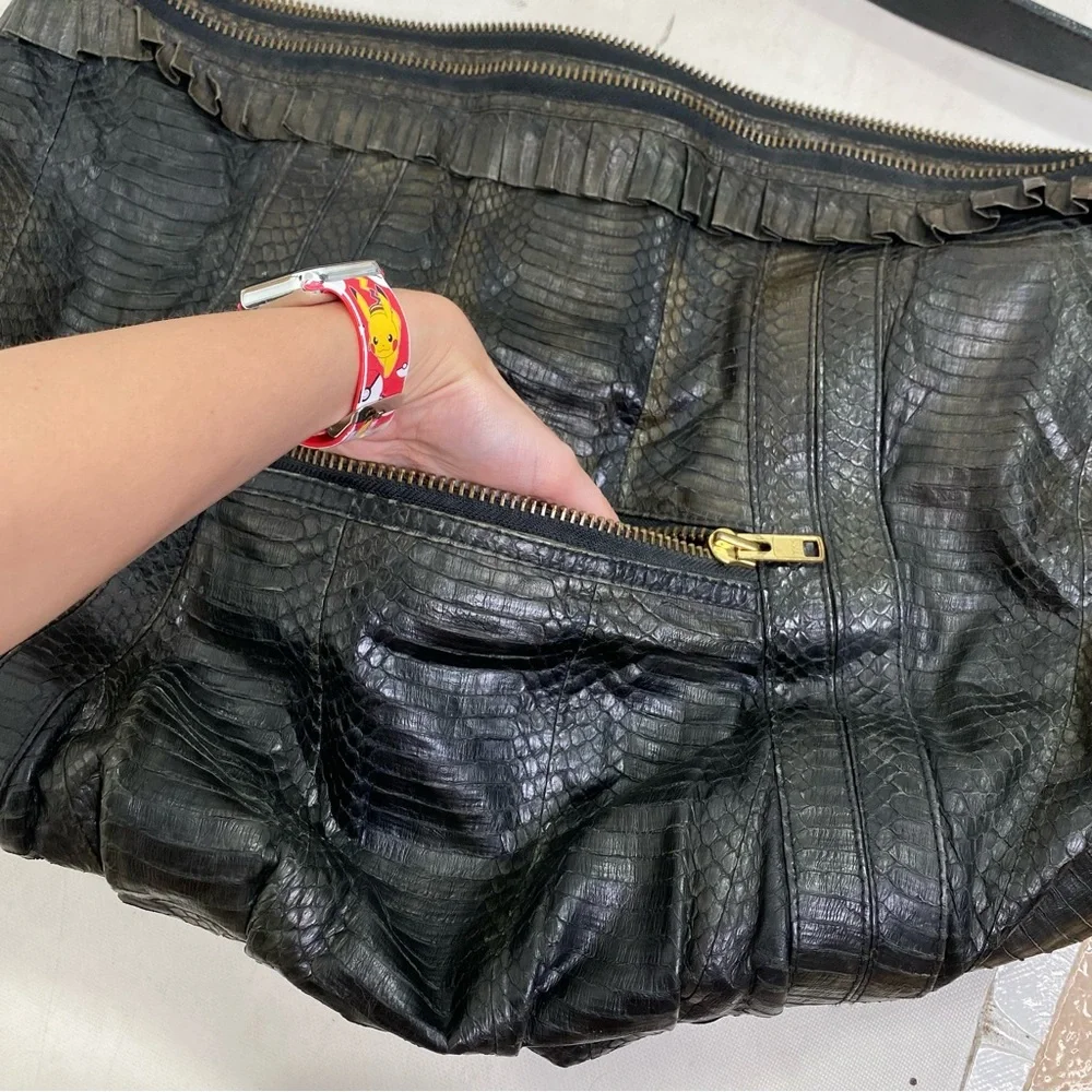 Angel Jackson XL python snakeskin fringe leather shoulder bag tote